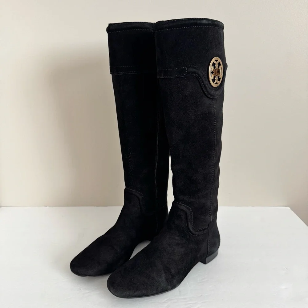 TORY BURCH Selma Black Suede Logo Riding Tall Boot Knee High size 5